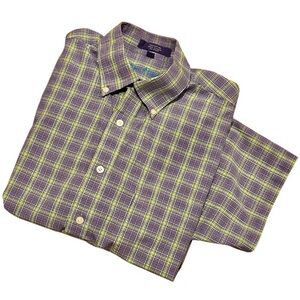 Alan Flusser Purple & Green Short Sleeve Cotton Button Down Shirt Size L…